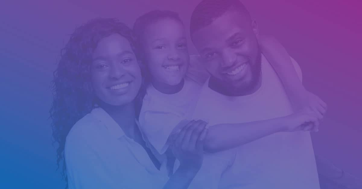 Family hugging each other with blue to purple colors